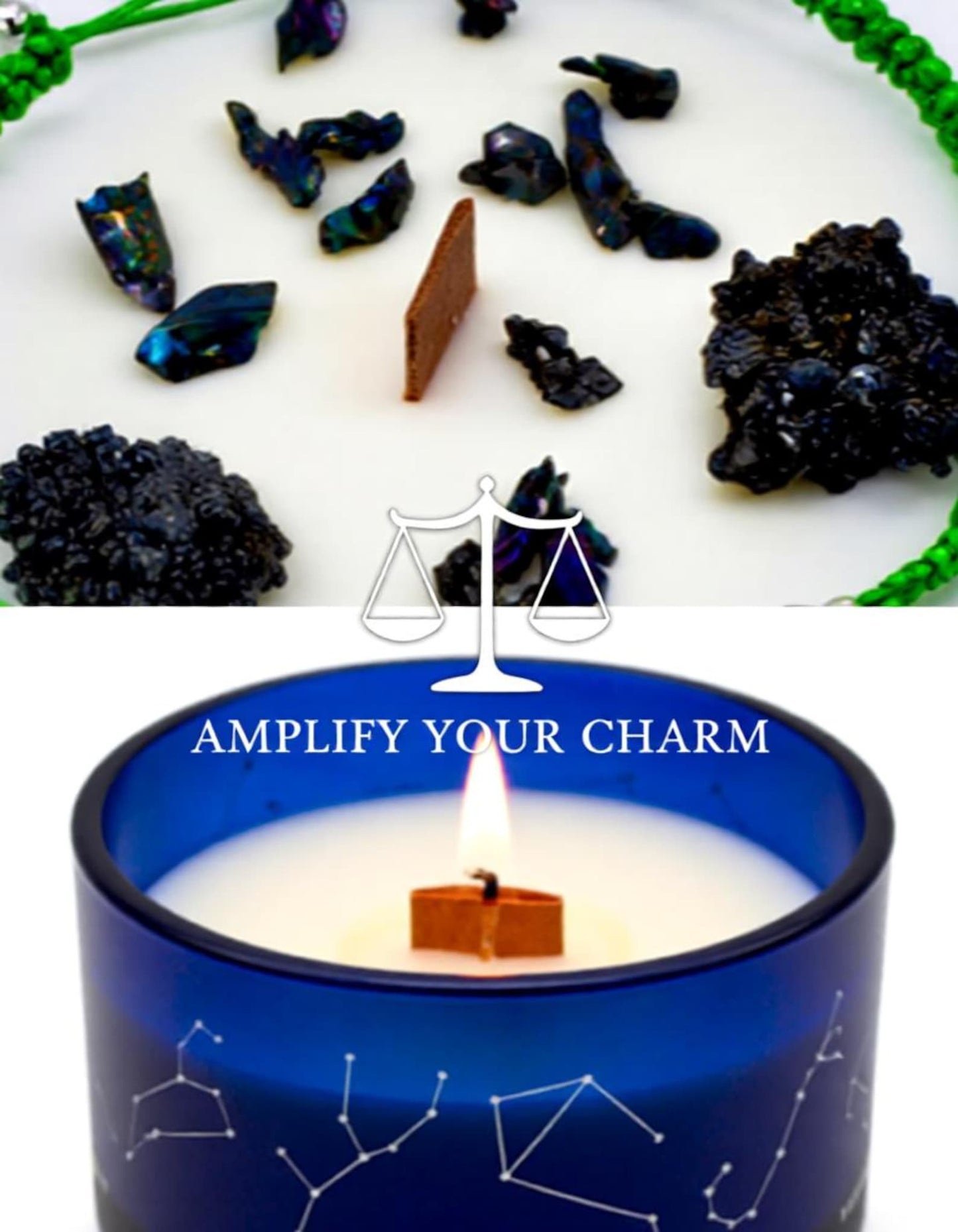 Libra zodiac candle in a blue glass holder with hidden gemstones, a wooden wick and the text “Amplify Your Charm” on a white background.