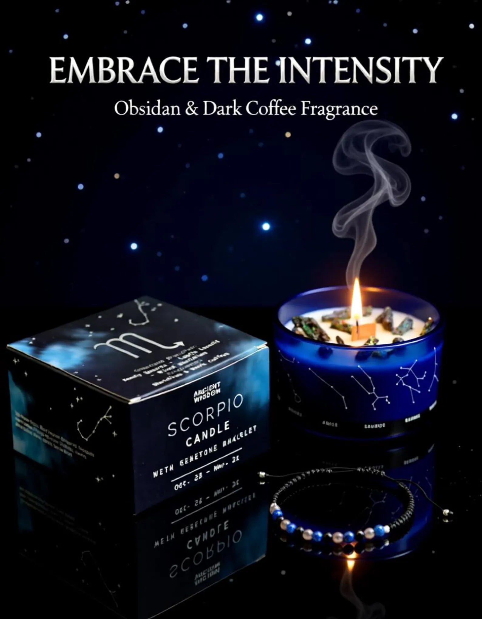 Scorpio candle with packaging and bracelet on a dark background with text 'Embrace the Intensity'.