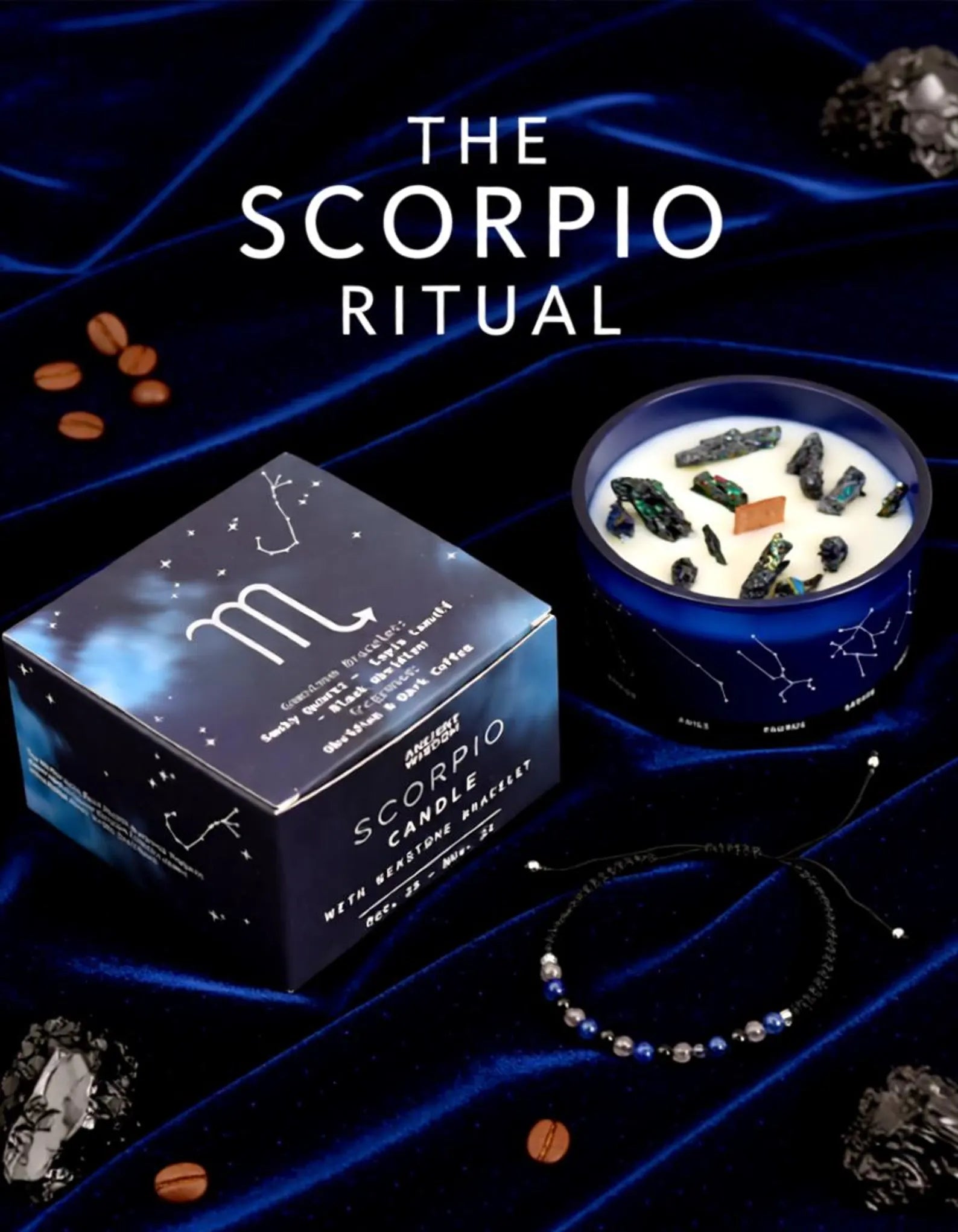 Scorpio-themed candle and packaging on a dark blue background with celestial elements.