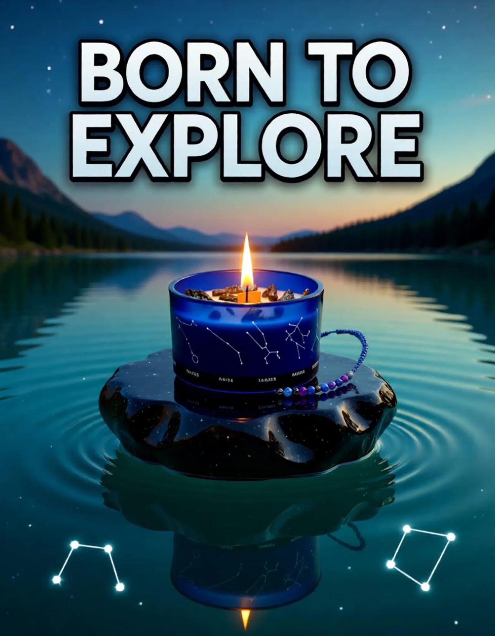 Virgo zodiac harmony candle in a blue holder floating on water with the text “Born to Explore” above a mountain lake background.