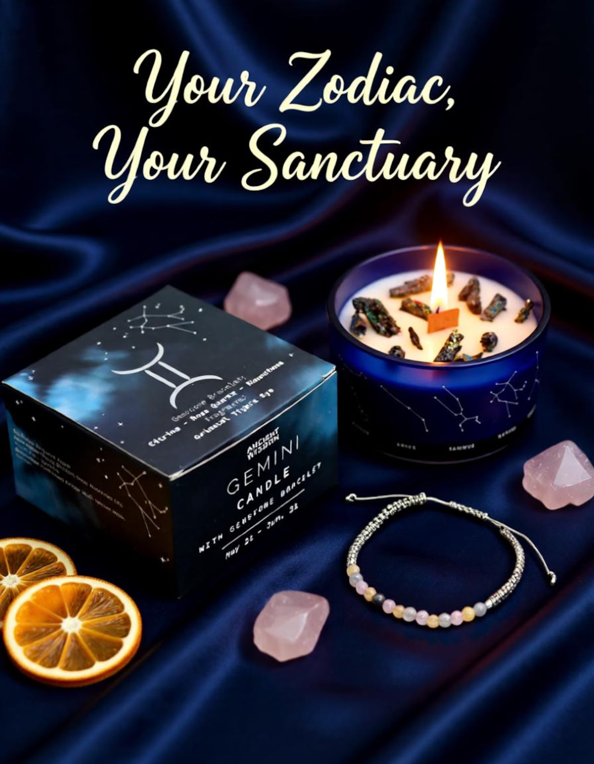 Lit Gemini Zodiac crystal soy candle with gemstone bracelet, gift box and rose quartz crystals