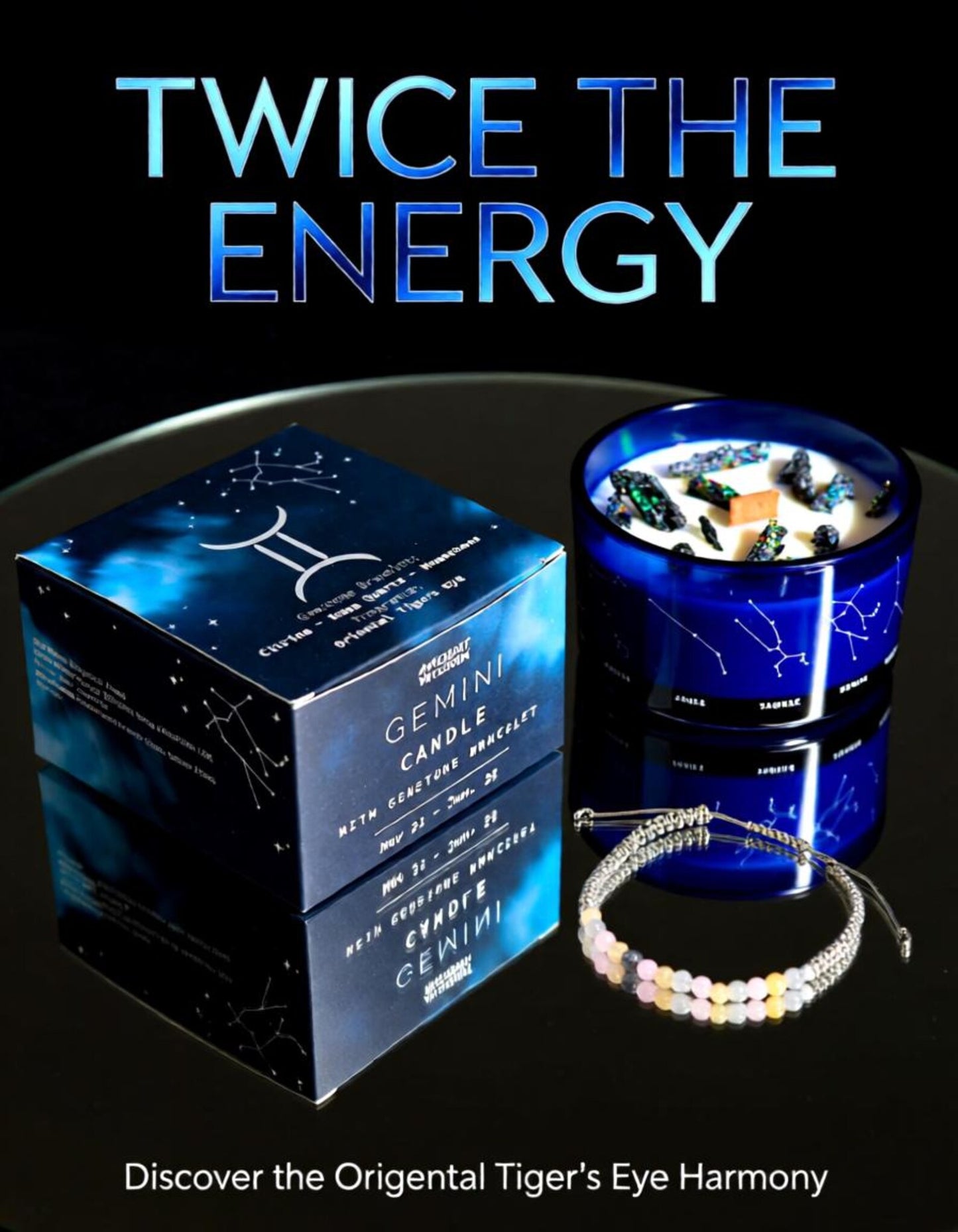 Gemini Zodiac crystal soy candle with decorative crystals, gemstone bracelet and gift box