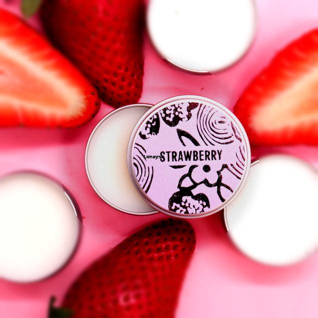 Lumaysa Strawberry Bliss vegan lip balm styled with fresh strawberries, highlighting natural lip care and fruity aroma.