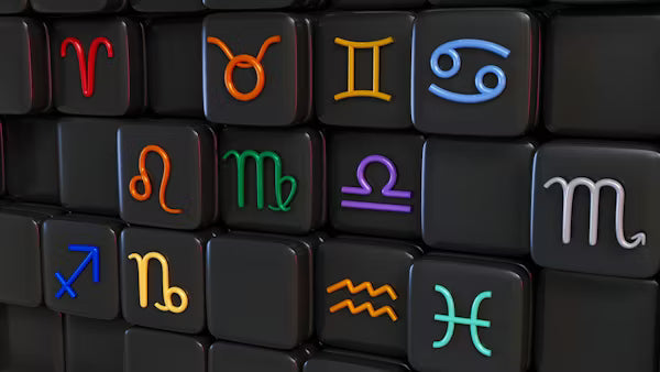 Modern astrology design featuring colorful zodiac symbols on glossy black 3D tiles, ideal for horoscope and zodiac-themed content.