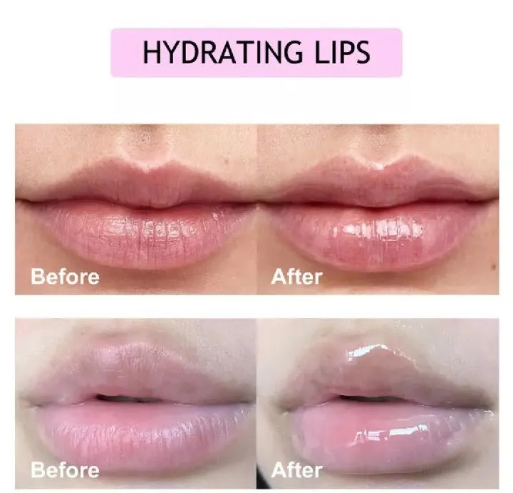 Before and after results showing hydrated, smoother lips after using Lumaysa Strawberry Bliss natural vegan lip balm.