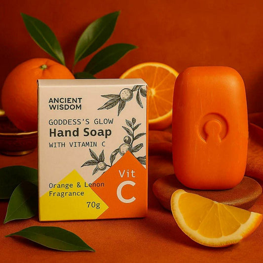 Vitamin C hand soap with orange and lemon, Lumaysa citrus glow bar soap with fresh citrus ingredients on warm spa background