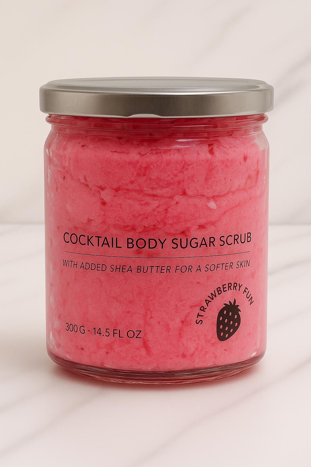 Lumaysa Berry Bliss – 300g Strawberry Rum Sugar Body Scrub displayed on white marble background, showing creamy red exfoliating blend.