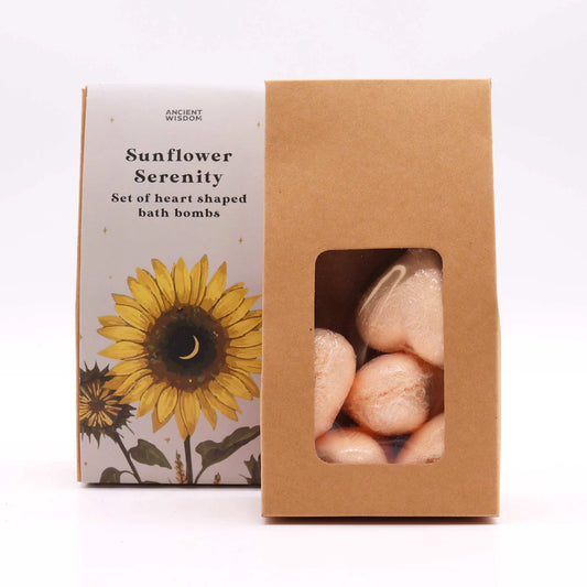 Open Lumaysa Sunflower Serenity bath bomb gift box showing individually wrapped heart-shaped passion fruit bath bombs inside eco-style packaging