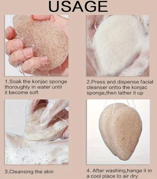 Instructions on how to use a konjac sponge with text and images.