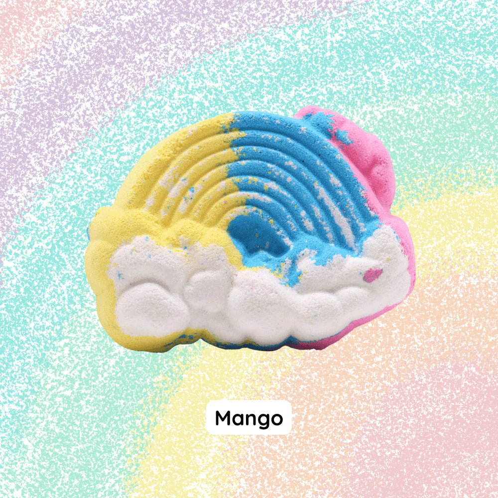 Rainbow cloud bath bomb mango scent on colourful background, fun bath bomb for kids