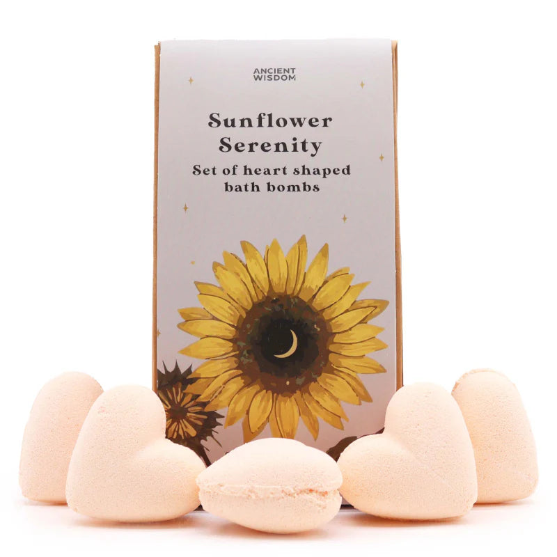 Lumaysa Sunflower Serenity heart bath bomb gift set with sunflower floral box and five heart-shaped passion fruit bath bombs on a clean studio background