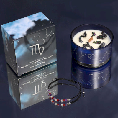 Lumaysa Virgo Zodiac Harmony soy candle with constellation glass jar, luxury gift box and gemstone bracelet on dark blue background