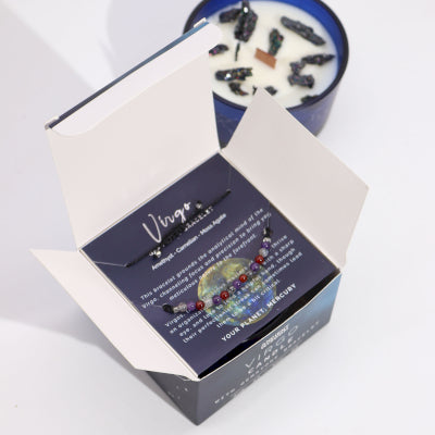 Lumaysa Virgo zodiac candle gift set with opened constellation box showing soy candle and gemstone bracelet
