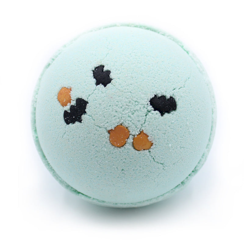Lumaysa Spooky Splash Coconut & Lime bath bomb with Halloween bat details, handmade vegan bath bomb on a clean white background