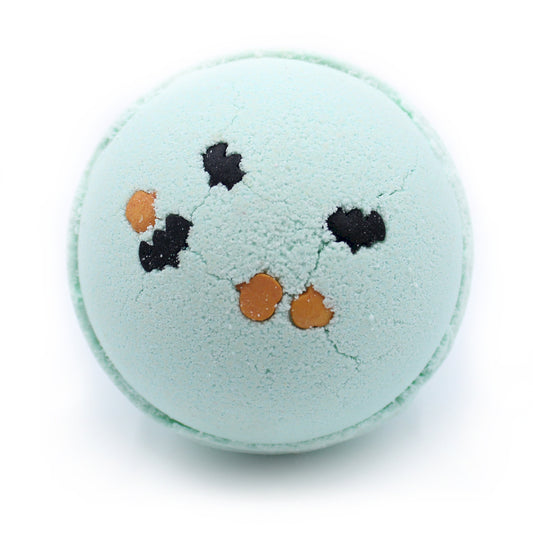 Lumaysa Spooky Splash Coconut & Lime bath bomb with Halloween bat details, handmade vegan bath bomb on a clean white background
