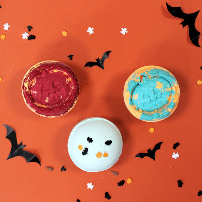 Lumaysa Halloween bath bomb collection featuring Spooky Splash coconut & lime bath bombs with festive autumn design