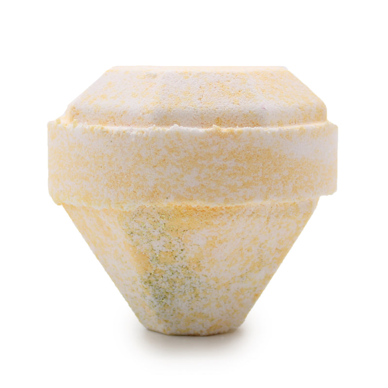 Lumaysa Gemstone Bath Bomb – Mistress Fragrance diamond-shaped bath bomb with soft golden shimmer on white background, luxury handmade bath fizzer 190g