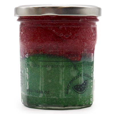 Lumaysa Tropical Crush watermelon daiquiri sugar scrub – front view of the red and green layered exfoliating body scrub in a glass jar.
