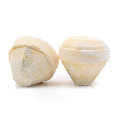 Two Lumaysa Gemstone Bath Bombs – Mistress Fragrance in jewel-inspired diamond shape with golden tones, handmade luxury bath fizzers