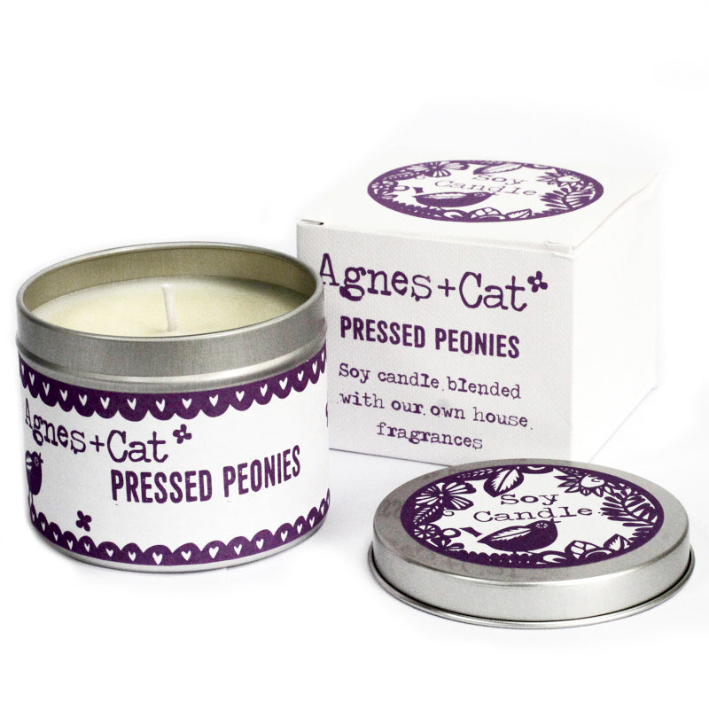 Pressed Peonies soy candle in tin with matching box packaging, floral scented vegan candle by Lumaysa