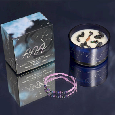 Lumaysa Zodiac Harmony Aquarius soy candle in blue glass jar with constellation design, hidden crystals and Amethyst gemstone bracelet set