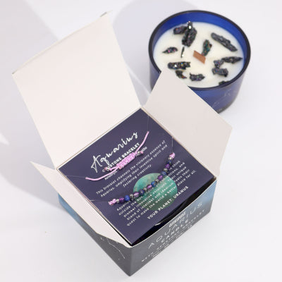 Lumaysa Aquarius Zodiac Harmony candle gift box with soy wax candle and Amethyst bracelet inside luxury packaging