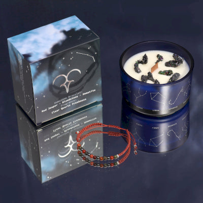Lumaysa Zodiac Harmony Aries soy candle in blue glass jar with constellation design and Red Jasper, Bloodstone and Hematite bracelet set