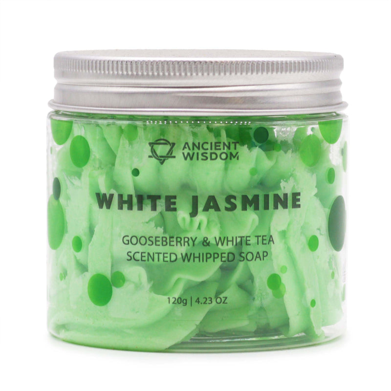 Lumaysa White Jasmine – Gooseberry & White Tea Whipped Cream Soap 120g in clear jar with green whipped texture