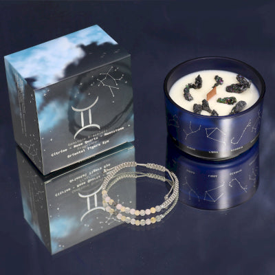 Lumaysa Zodiac Harmony Gemini Duality & Inspiration Candle with Citrine, Rose Quartz & Moonstone bracelet in blue glass jar with constellation gift box