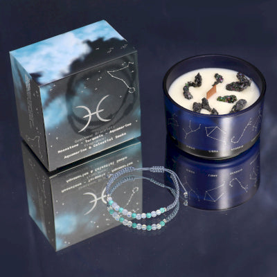 Lumaysa Zodiac Harmony Pisces Candle with soy wax, constellation glass jar and Moonstone, Turquoise & Aquamarine gemstone bracelet