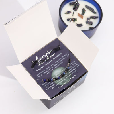 Lumaysa Scorpio zodiac candle gift set with gemstone bracelet and hidden crystals inside luxury box
