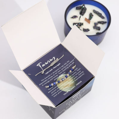 Lumaysa Taurus zodiac candle gift set with constellation box opened showing candle and description card